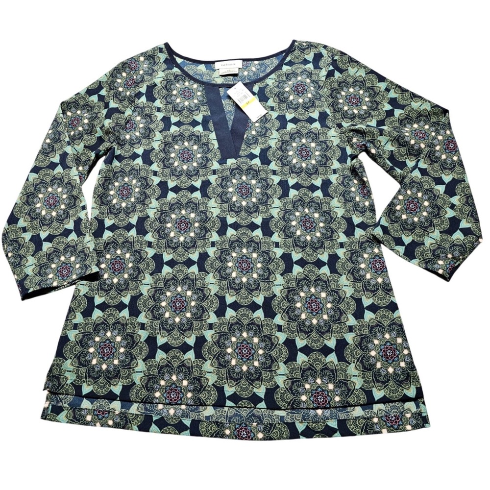 NWT Van Heusen‎ Women Mandala Floral Split Neck Tunic Green Navy 3/4 Sleeve SP